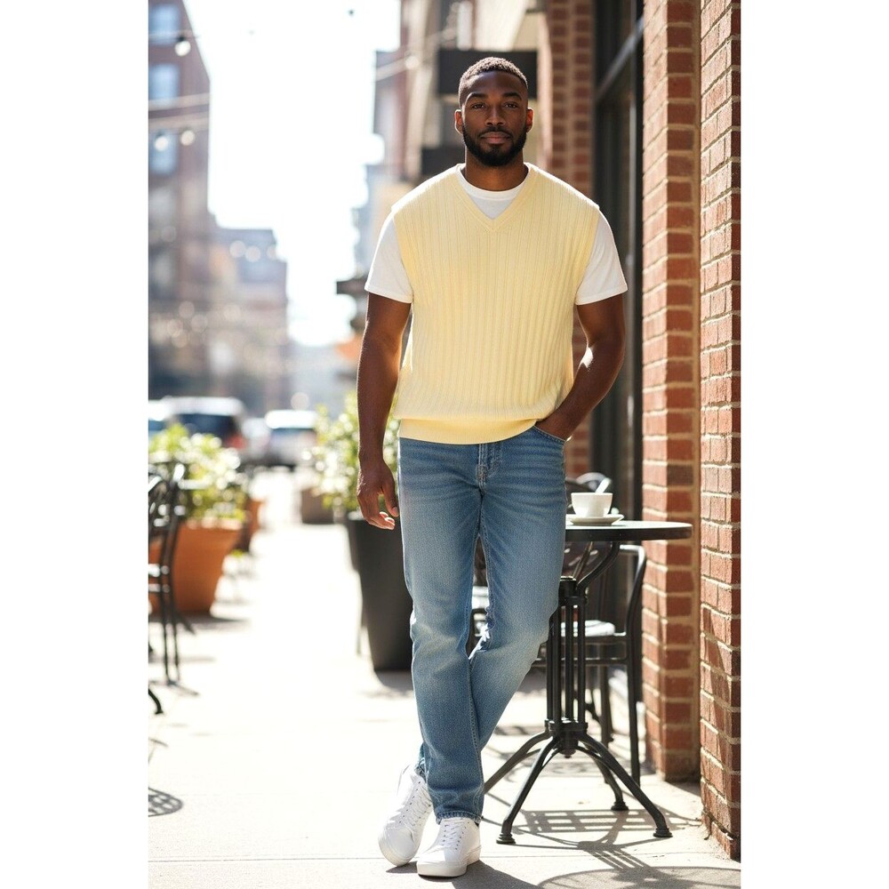 International Waters Sweater Vest V-Neck Ribbed Yellow Cotton Mens Size XL Golf